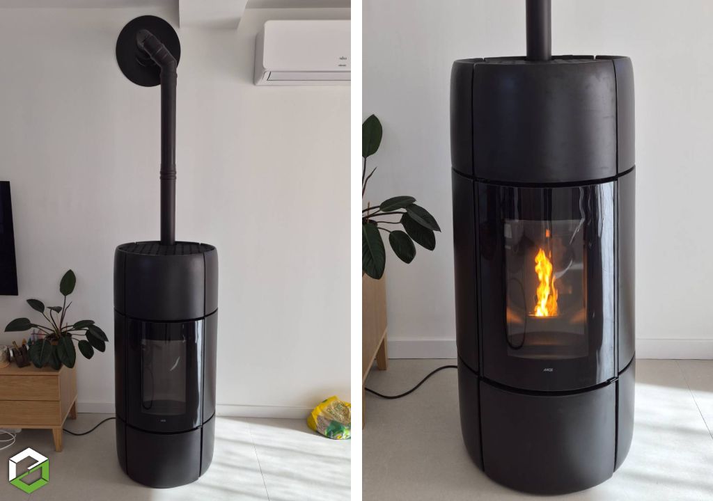 Installation d'un poêle à granulés de bois MCZ CURVE en complément d'une PAC réversible 