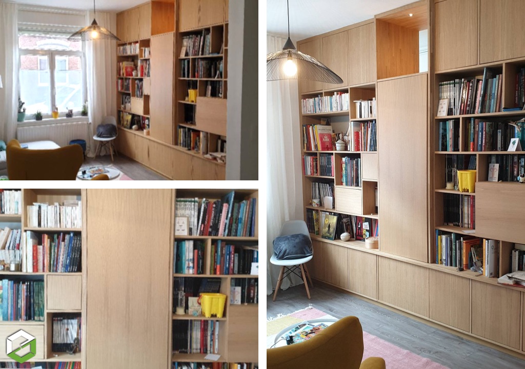 Ets Menuiserie agencements Montigny : Création et fabrication sur mesure d'une Bibliothèque design en chêne par un menuisier professionnel