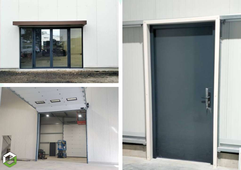 Pose de menuiseries ALU, porte de garage sectionnelle et porte métallique pour la construction d'un local commerciale