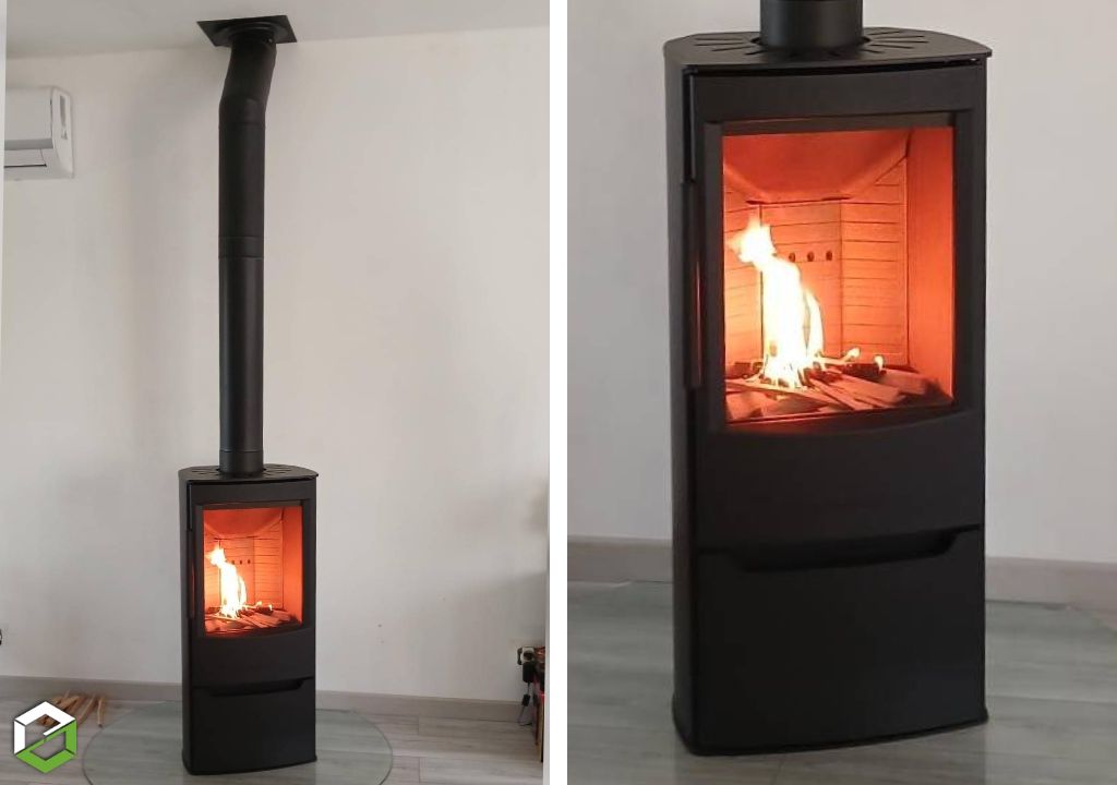 Installation d'un poêle à bois bûches de la marque WIKING modèle MIRO 4 Flamme verte 7* - Entreprise RGE Qualibois