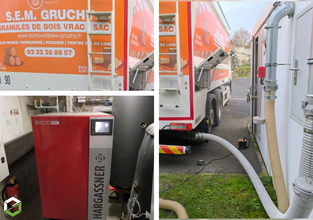 Consultez la chantier : livraison par gruchy combustibles de granulés bois vrac par camion souffleur dans le 27 proche d'Évreux chaudière hargassner 