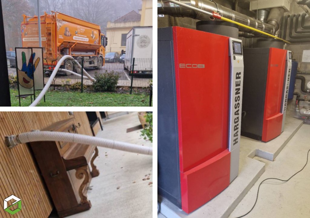 Livraison de granulés bois par Gruchy Combustibles - Camion souffleur - chaudière + silo Hargassner 