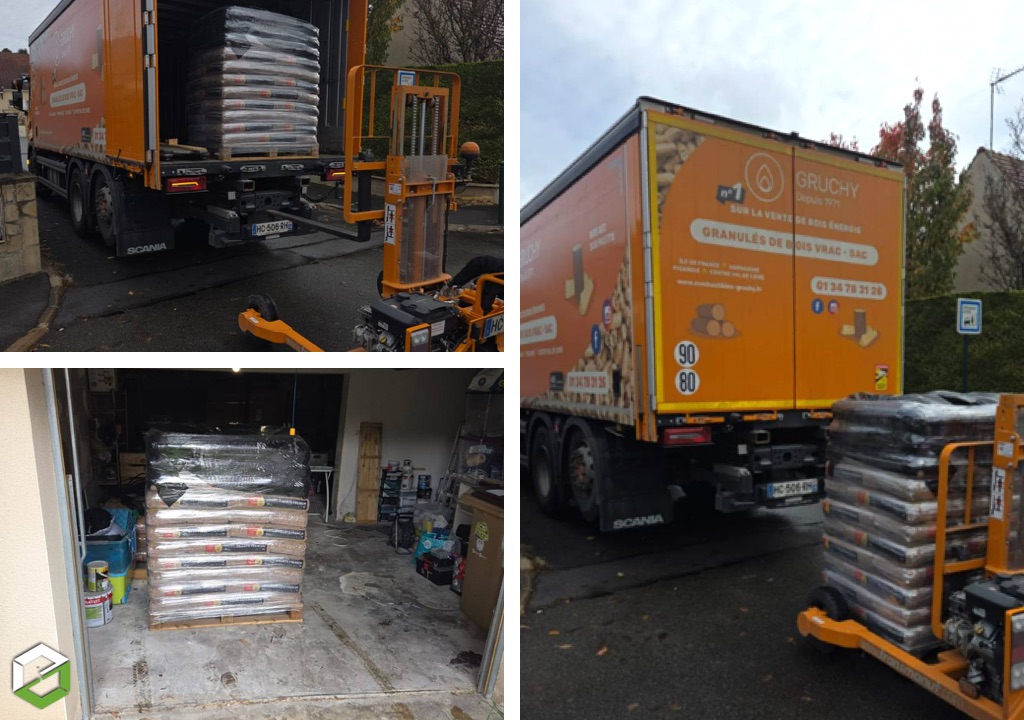 Consultez la chantier : livraison de pellets sur palette par gruchy combustibles