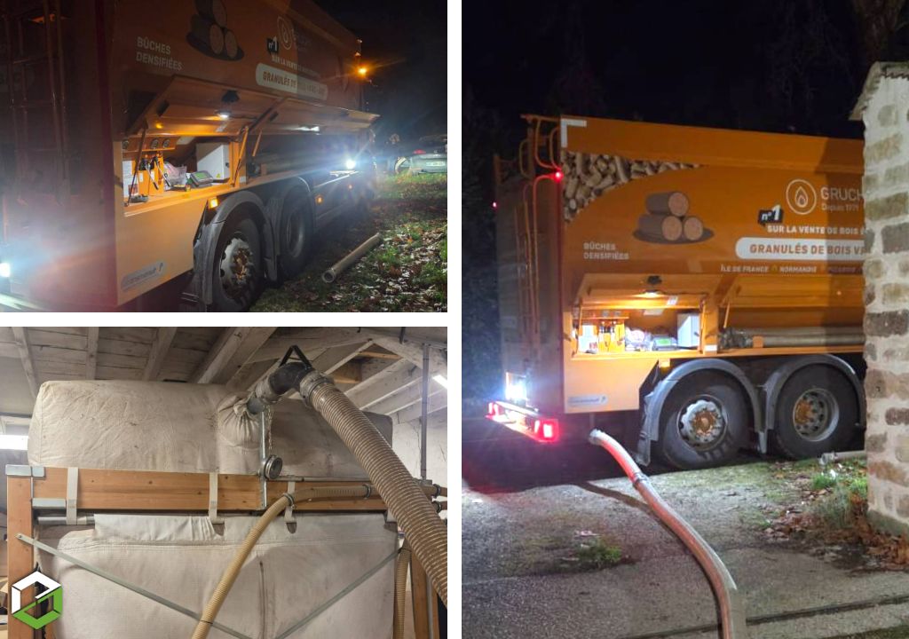 Consultez la chantier : livraison de pellets en vrac par camion souffleur