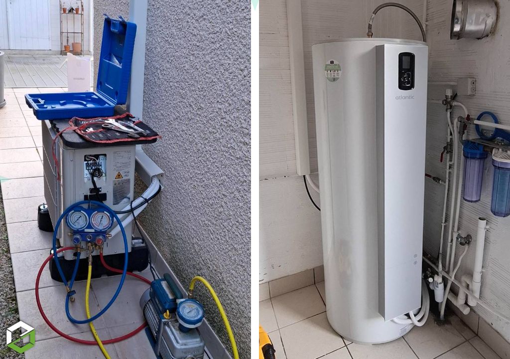 AEG Aquitaine - Electric Renov Énergies : Remplacement ancien chauffe-eau par un chauffe-eau thermodynamique Calypso Split Atlantic - Installateur agréé et certifié RGE.