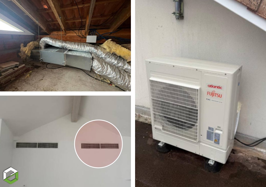 AEG Aquitaine - Electric Renov Énergies : Remplacement et installation d'un nouveau gainable Atlantic pour le chauffage et la climatisation réversible par pompe à chaleur air-air.