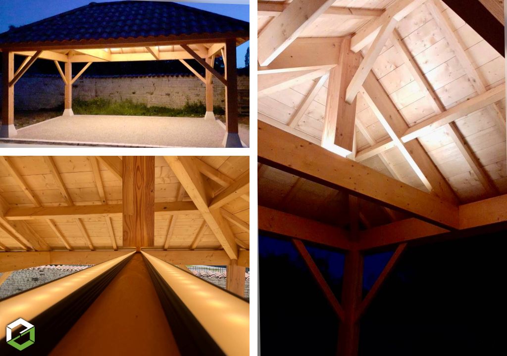 eclairage extérieur sous une pergola : luminosité uniforme et discrétion inégalée