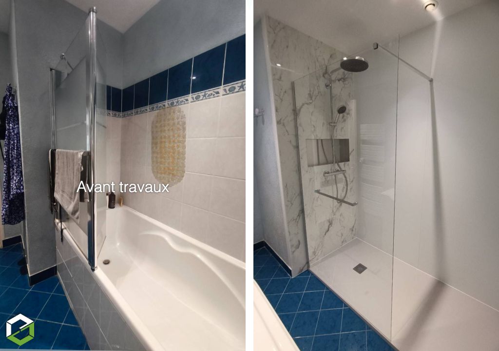 Rénovation de salle de bains familiale : douche à l’italienne avec niche encastrée et panneaux muraux décoratifs