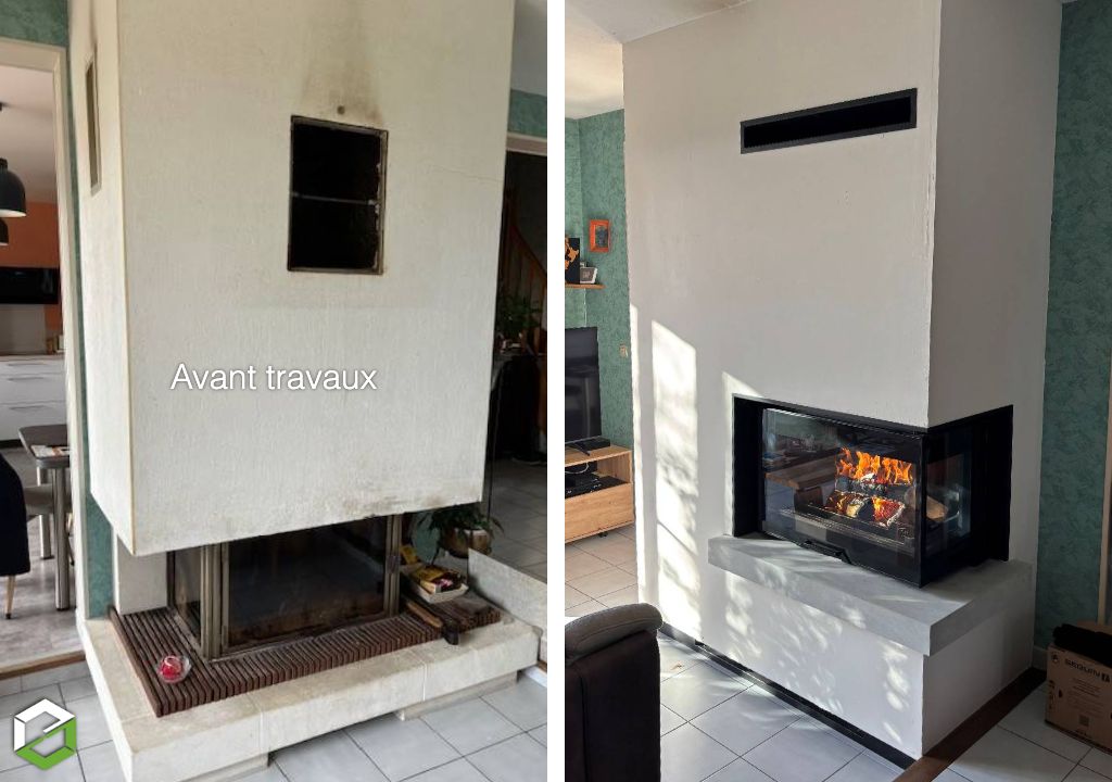 Remplacement d’un insert par un foyer d’angle avec cheminée en marbre à Vendôme (41100)
