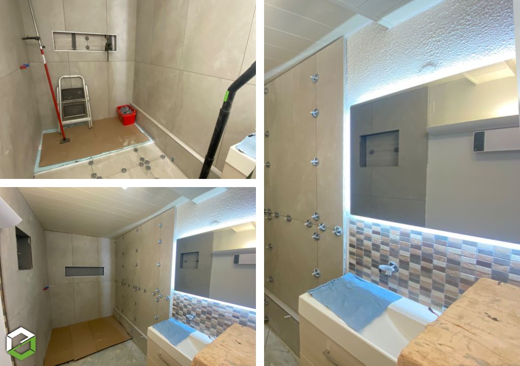 pose de carrelage en rénovation et création de niches éclairées  dans une salle de bain