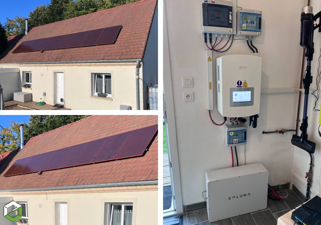Système photovoltaïque : 9 panneaux rouges avec onduleur hybride monophasé + batterie