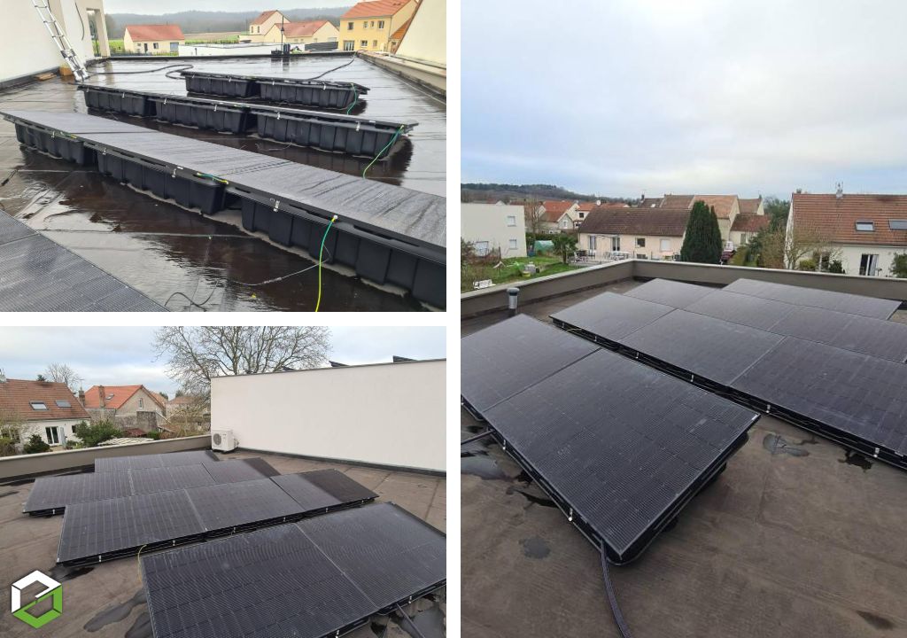 Consultez la chantier : production d'Énergie solaire avec 20 panneaux sur bac lesté avec onduleur hybride et batterie soluna