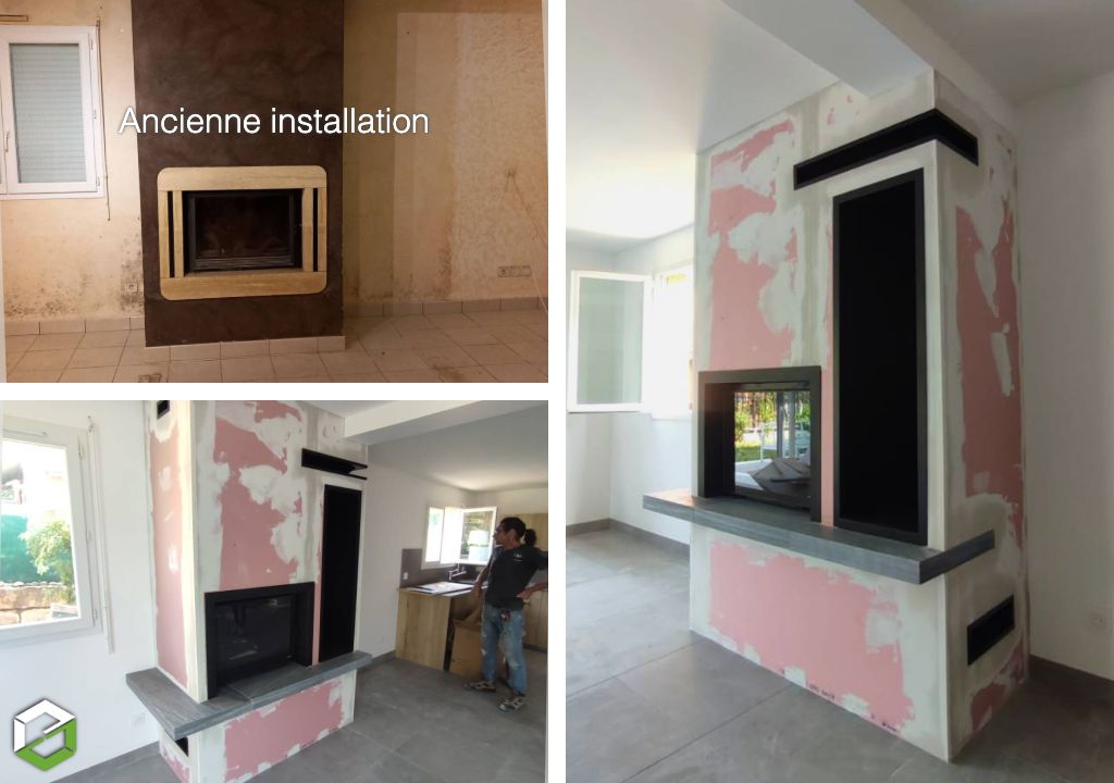 Installation d’une cheminée Europa 7 avec pierre et niche à bois - Artisan certifié RGE QualiBois-Rhône (69)