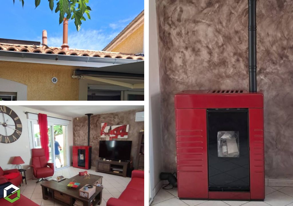 Installation d’un poêle à granulés Piazzetta P934 avec création de conduit isolé - Artisan certifié RGE QualiBois-Rhône (69)