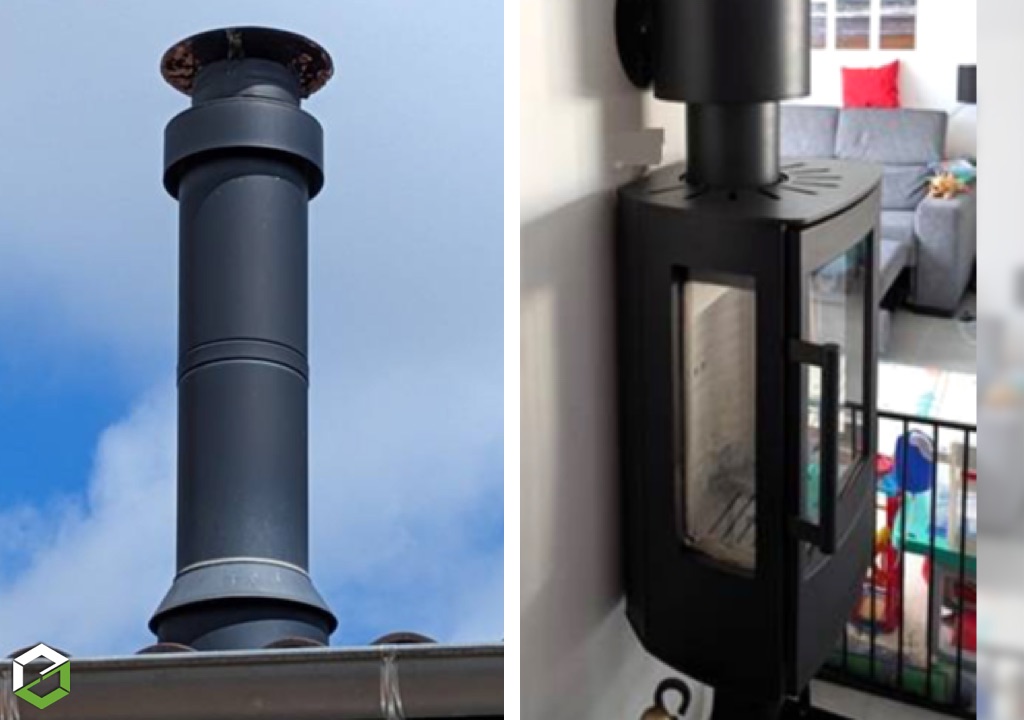 Pose d'un poêle à bois Mural MIRO avec vitres latérale dans une maison neuve  - Artisan certifié RGE QualiBois-Ain (01)