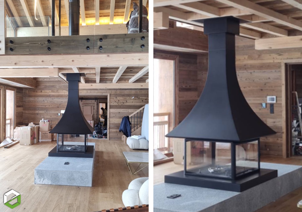 FEM Synergie Cheminées et Poêles : Création d'une cheminée centrale Bordelet sur mesure alliant la pierre et le métal  - Artisan certifié RGE QualiBois