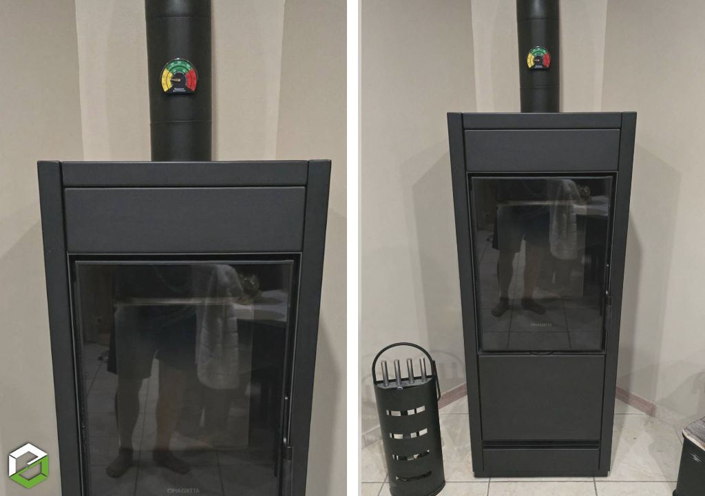 Installation poêle hybride bois et granulés mixte Piazzetta E228 Steel à la place d'une cheminée - RGE QualiBois-Ain (01)