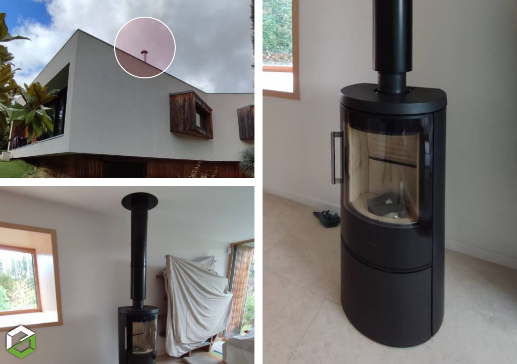 Pose d'un poêle à bois autorégulé étanche Hwam dans une maison passive tout en bois - certifié RGE QualiBois-Rhône (69)