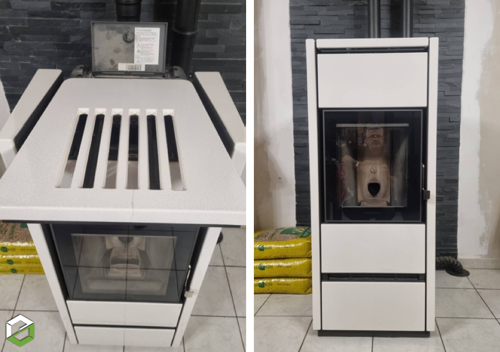 Circulation de chaleur avec la pose d'un poêle à granulé céramique Piazzetta Seguin avec soufflerie basse à la place d'une cheminée-Rhône (69)