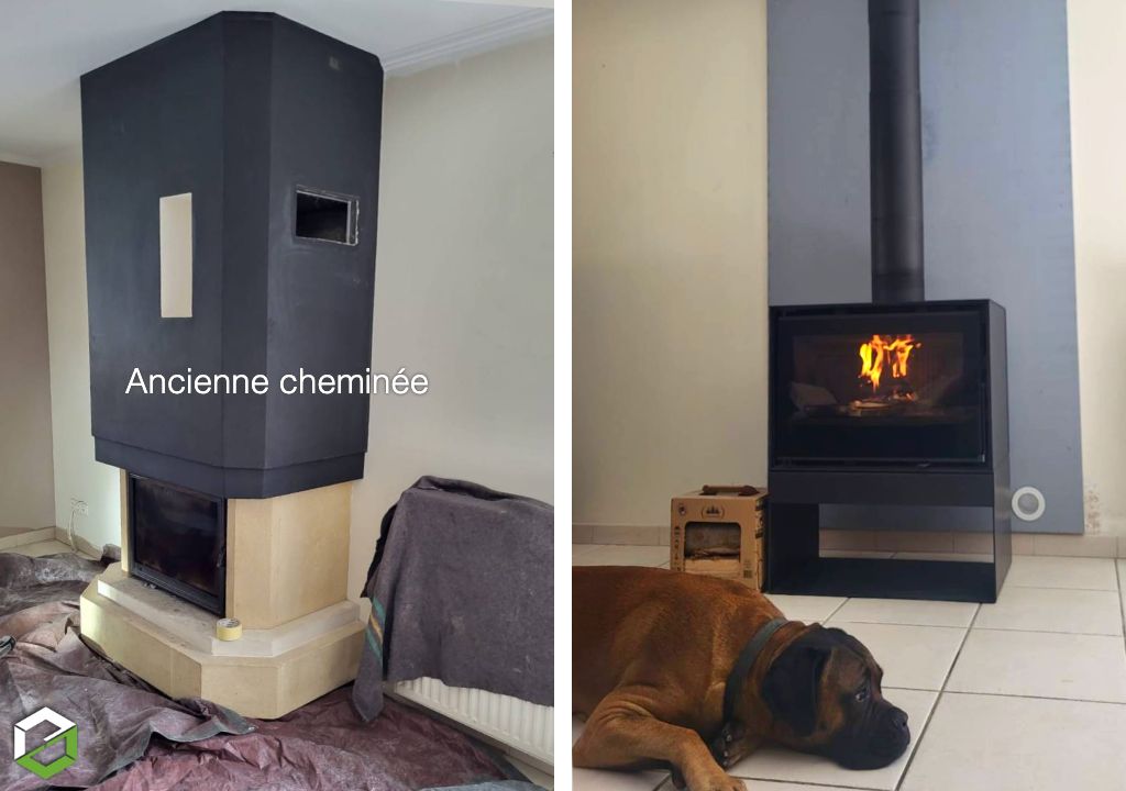 Capitaine Flamme : Remplacement d'une ancienne cheminée par un poêle à bois design pour gagner de la place avec aides de l'état