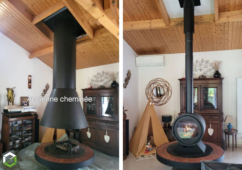 Capitaine Flamme : Installation d'un poêle à bois bûche au centre du salon avec foyer visible des deux côtés par un artisan certifié RGE QualiBois