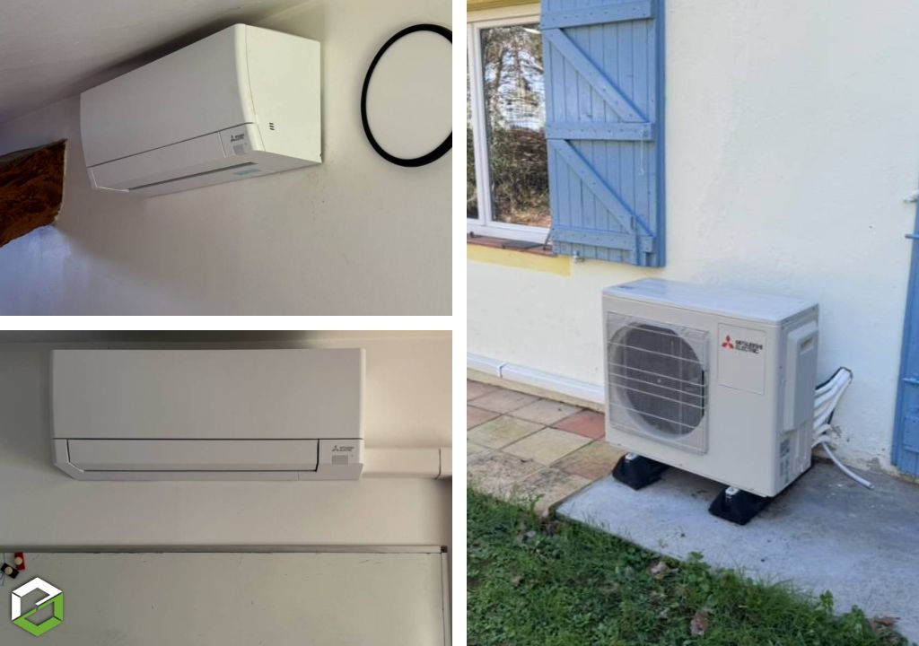 ACSSO : Pose d'une CLIM RÉVERSIBLE (pompe à chaleur AIR/AIR) Tri Split Mitsubishi Electric par une entreprise RGE QualiPAC