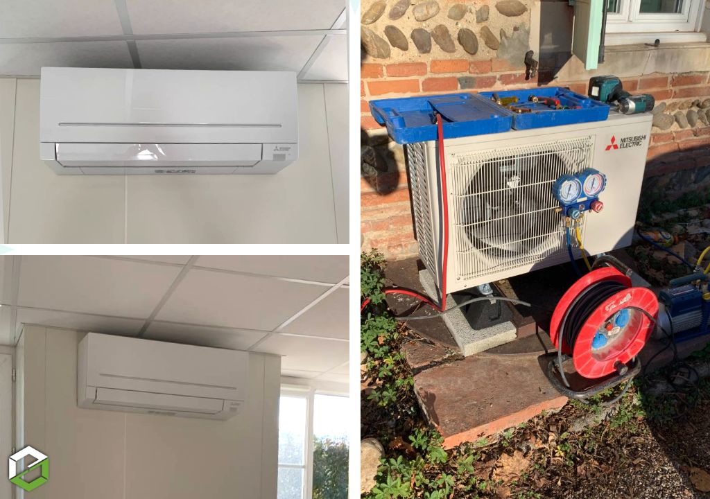 ACSSO : Pose d'une clim réversible (PAC AIR AIR) Mono split MITSUBISHI dans un commerce - RGE QualiPAC