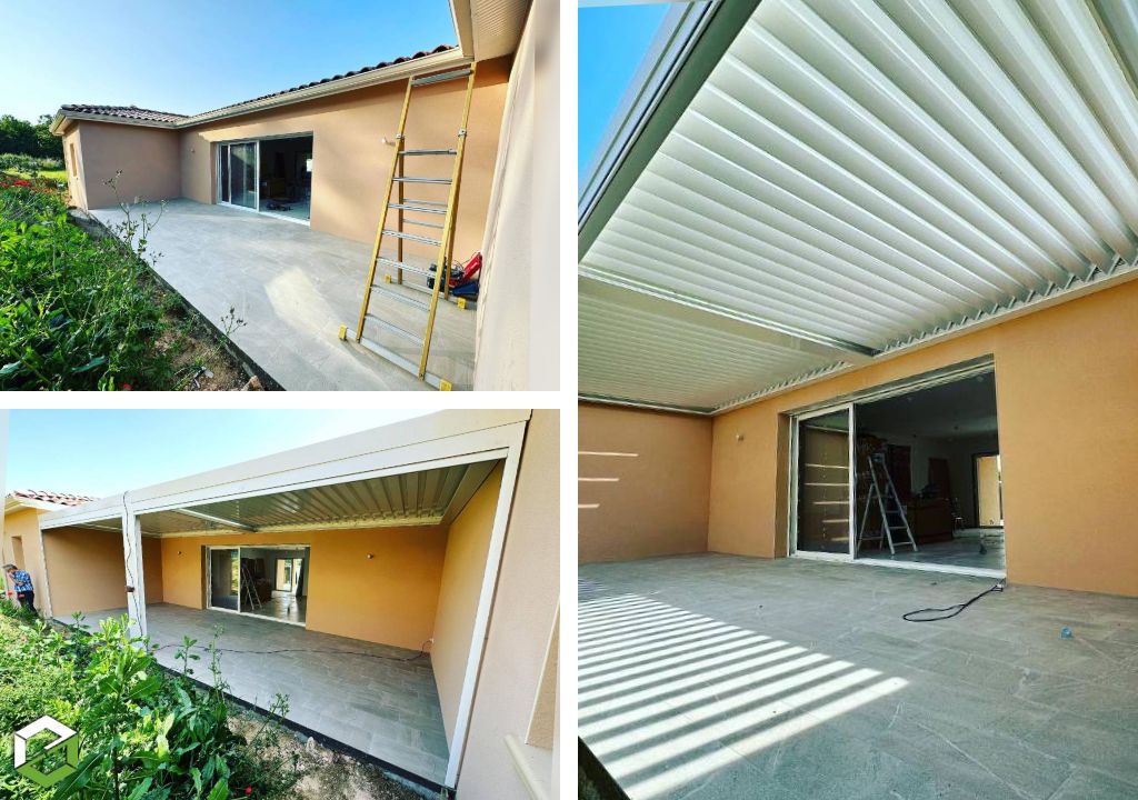 Pose d'une pergola bioclimatique entre murs