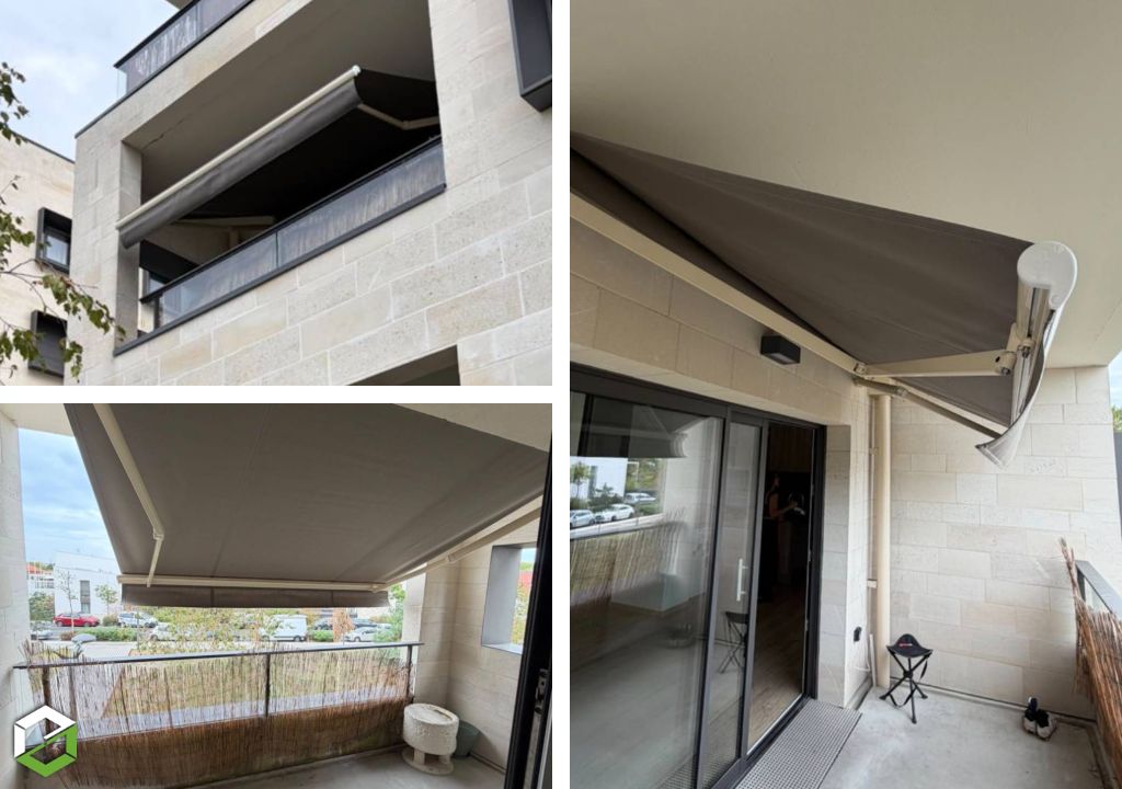 Pose d'un store banne motorisé LOGGIA ART 250 sur un balcon