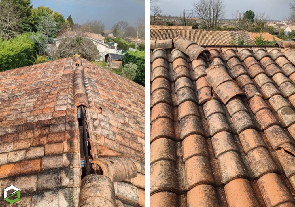 Intervention urgente sur un toit en tuiles - Tuiles cassées et déplacées et faitage endommagé-Gironde (33)