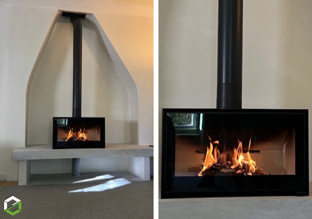 House Fire : Installation d’un poêle à bois SCAN 1003 BOX sur banc – Installateur RGE Qualibois