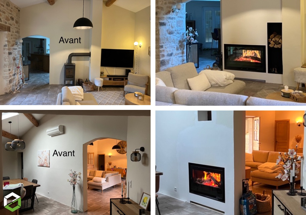 Installation d’un insert à bois double face FONDIS V100 L pour chauffage de deux zones simultanément-Gard (30)