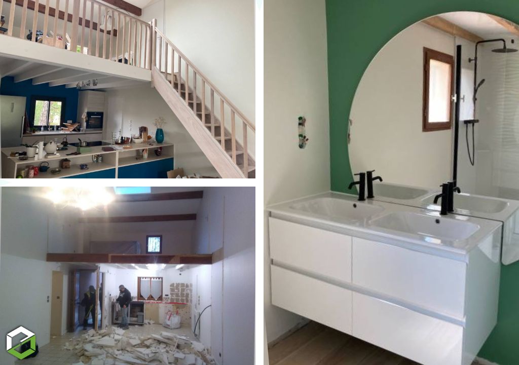 Bâtiments en Transition : Réaménagement d'un intérieur : Rénovation partielle avec salle de bain, cuisine et escalier bois 