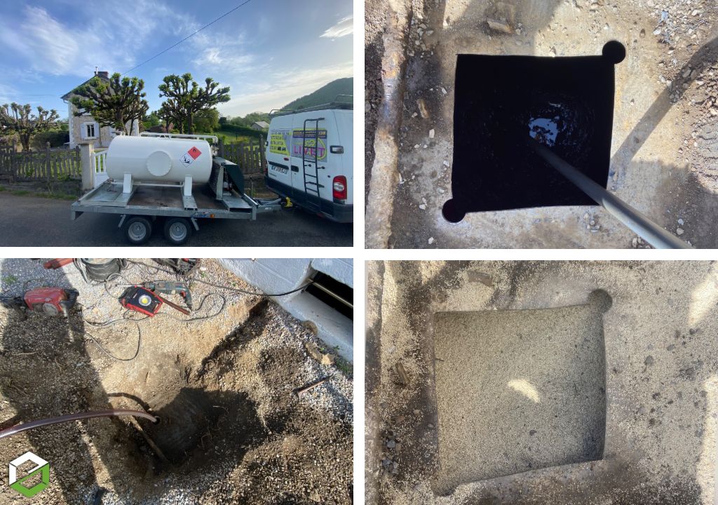 Dépollution complète d’une cuve à fioul enterrée en acier 1200L sans trou d’homme avec transfert du fioul et traitement biocide