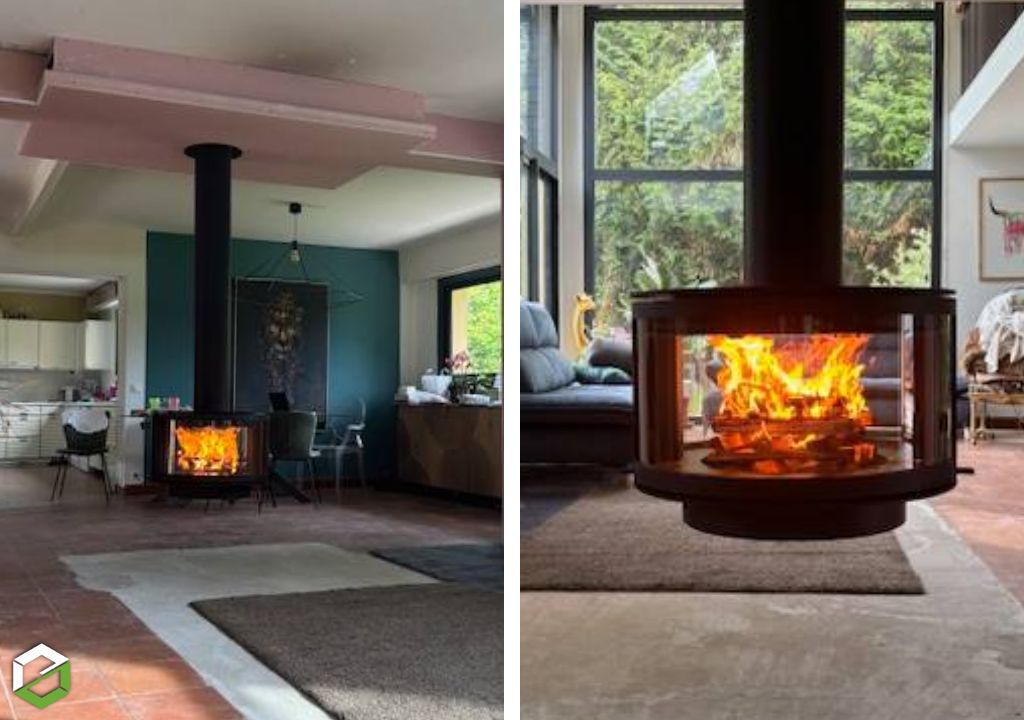 Au Coin du Feu : Installation d'une cheminée suspendue Rocal | une cheminée centrale métalique et design installée par un artisan certifié RGE QualiBois