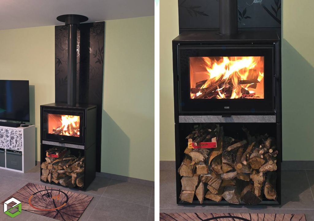 Au Coin du Feu : Pose d'un poêle à bois sur bucher (avec niche à bois intégré) par un installateur certifié RGE QualiBois