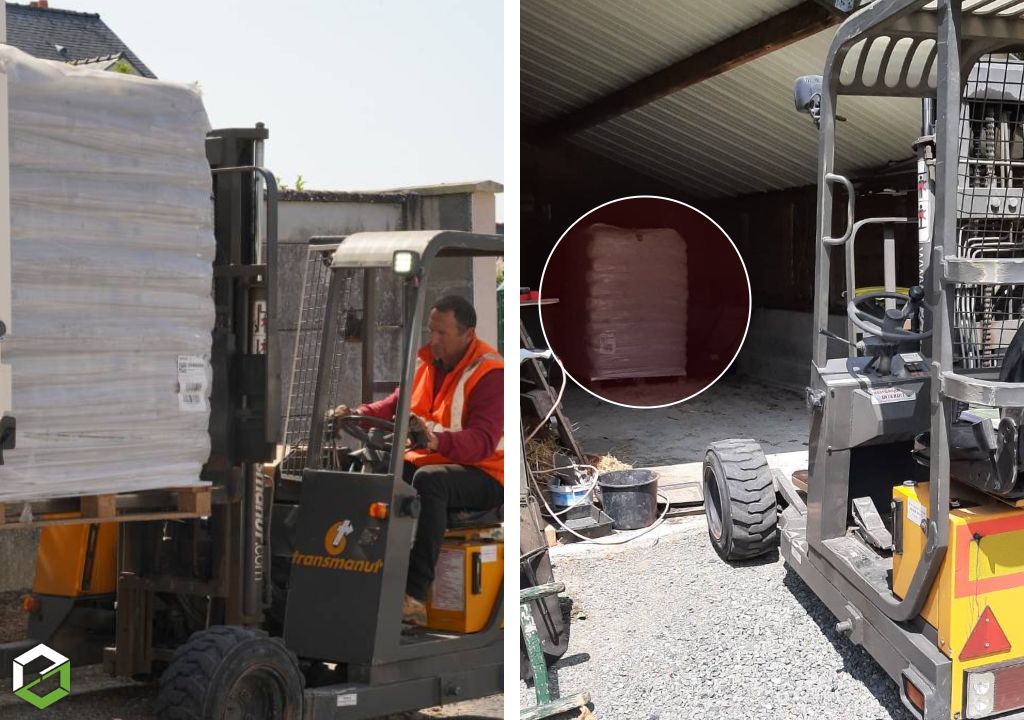 Consultez la chantier : une livraison de palette de granulés de bois en sacs sur mesure grâce à notre chariot embarqué