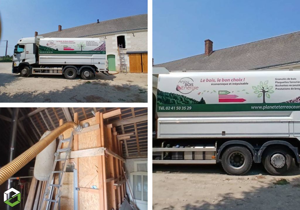 Consultez la chantier : livraison de granulés de bois en vrac chez un particulier équipé d'un silo en bois
