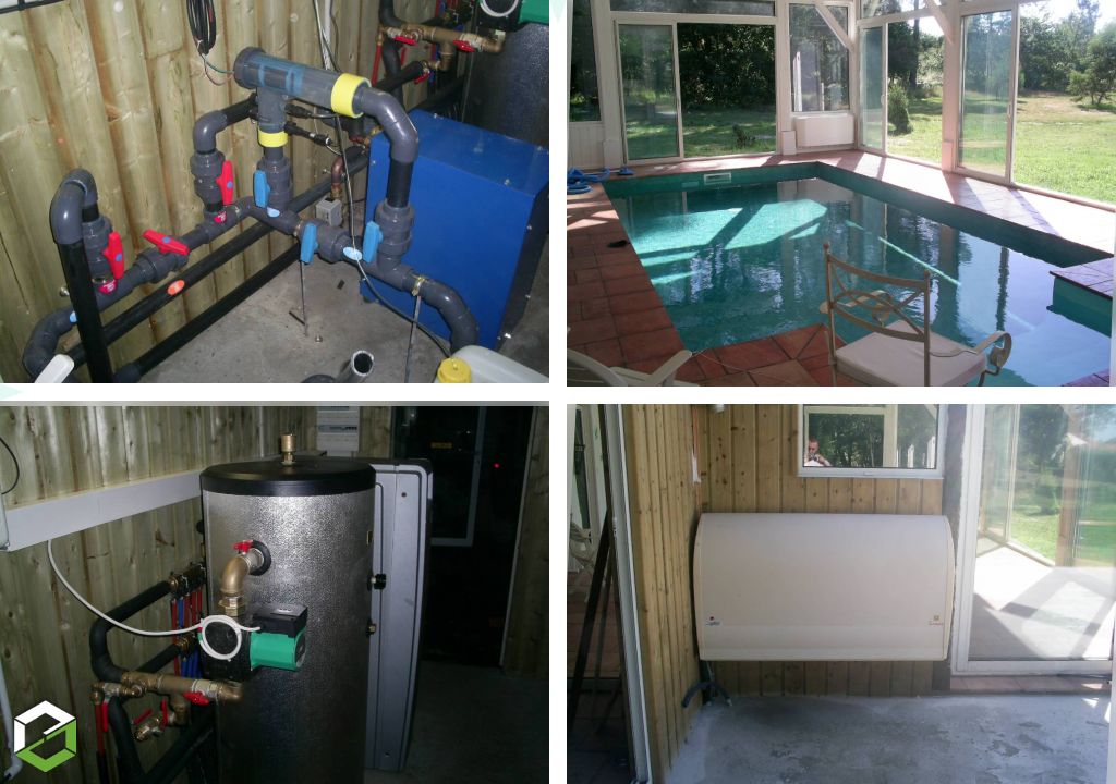 Installation et mise en service d’une PAC France Géothermie ISARA 18 CHE sur forage – Chauffage piscine par échangeur titane, ventilo-convecteurs et déshumidification PSA