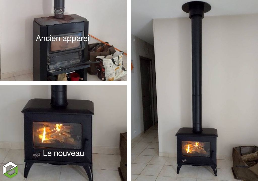 Remplacement d'un poêle à bois déformé par la chaleur par un nouveau poêle Godin Cube 