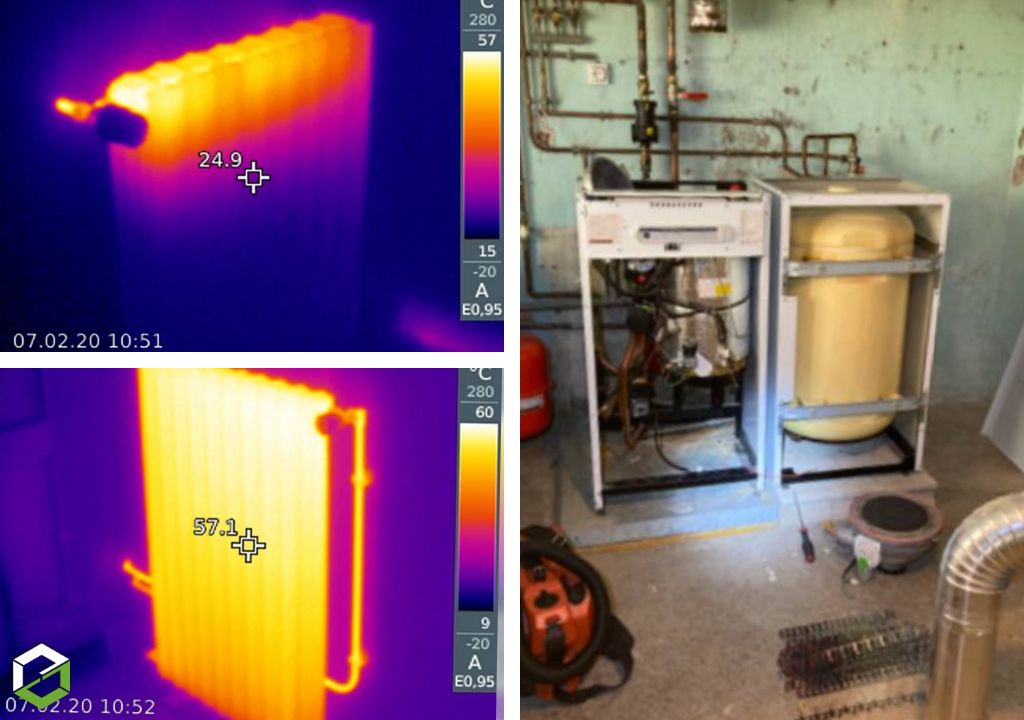 Consultez la chantier : désembouage d'un circuit de radiateurs fonte avec chaudière gaz au sol atmosphérique