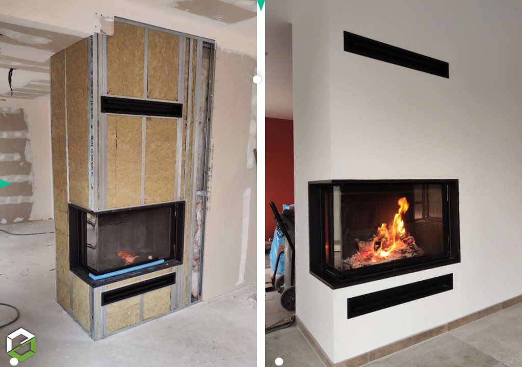 Installation d’un foyer à bois SCHMIDT d’angle EKKO avec porte escamotable dans une rénovation complète