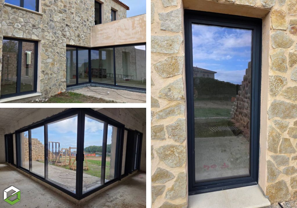 Pose de menuiseries sur villa neuve avec fenêtres et baies vitrées