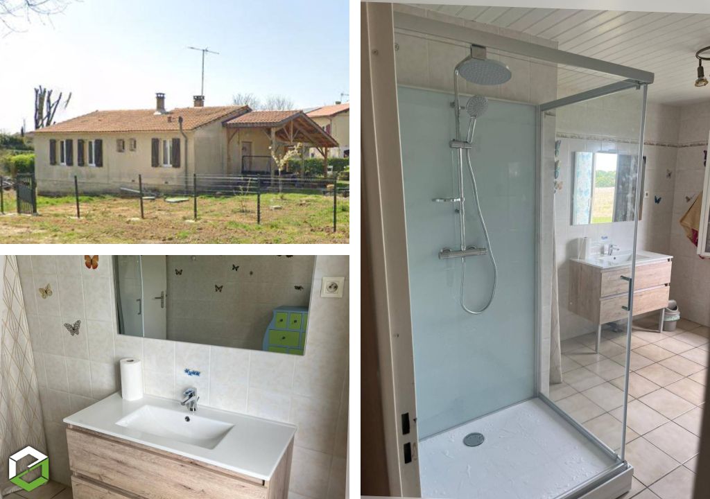 Modernisation salle de bain avec une cabine de douche LEDA et un meuble sous vasque ANCOFLASH