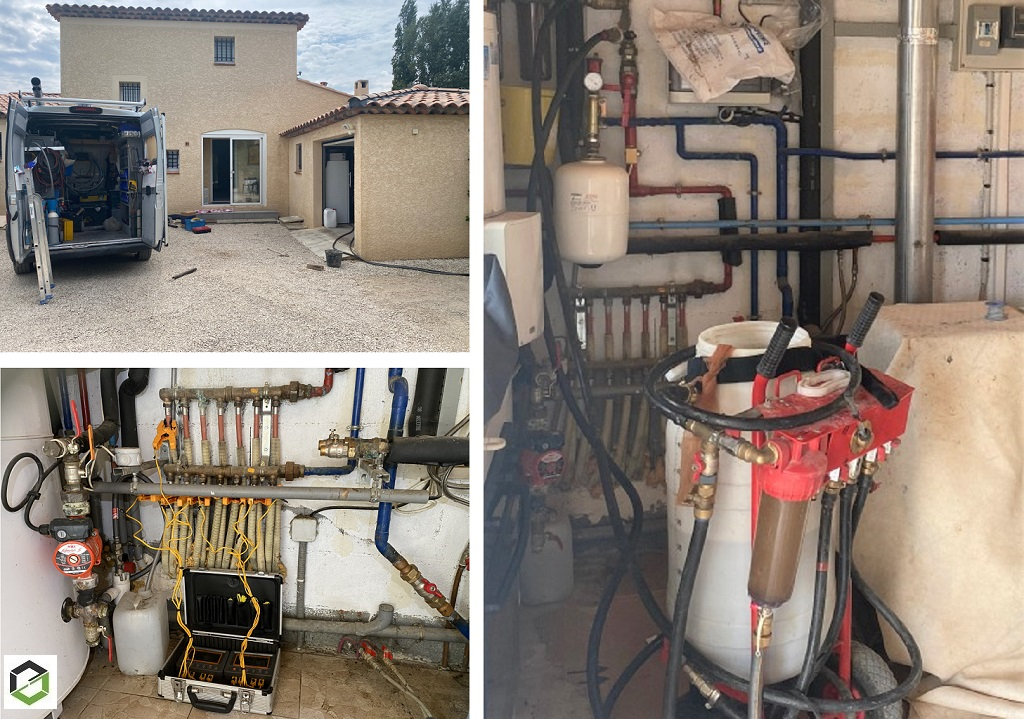 Consultez la chantier : expert en désembouage et réglage hydraulique de réseau de chauffage plancher chauffant ou radiateurs 