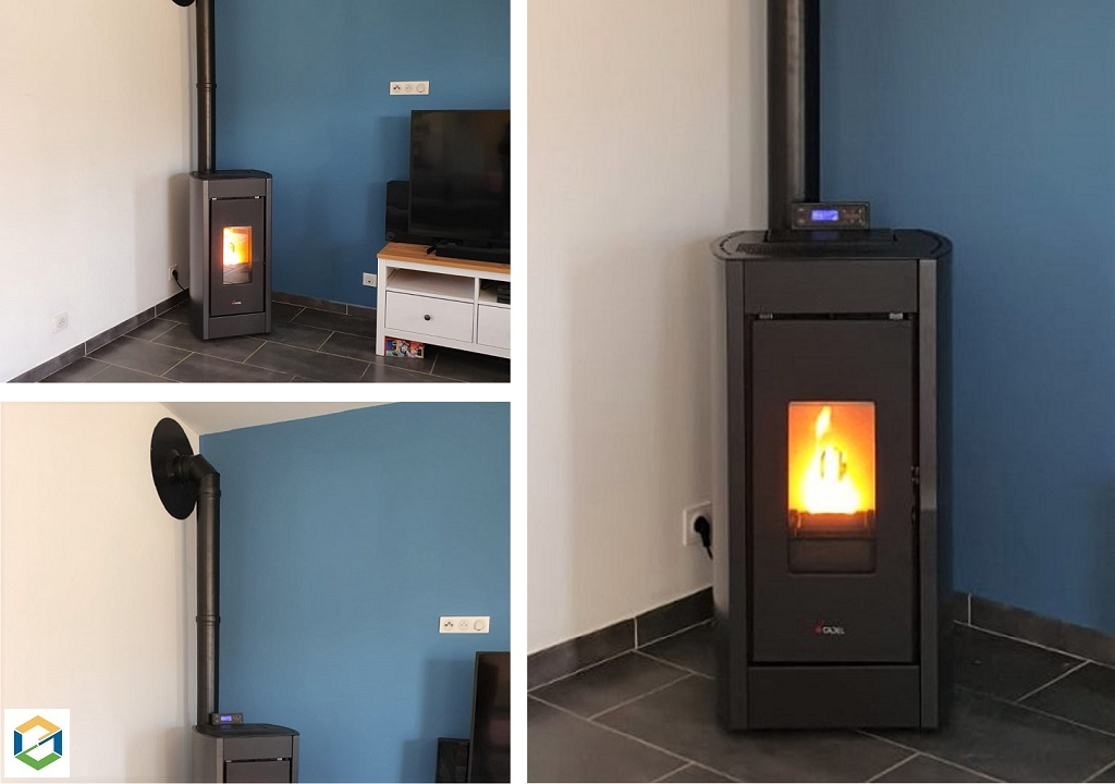 Installation d'un poêle à granulés de la marque CADEL modèle KRISS