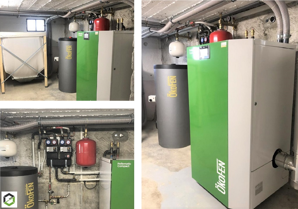 Installation d’une chaudière biomasse individuelle à granulés de bois de type PELLEMATIC COMPACT et de marque ÖKOFEN