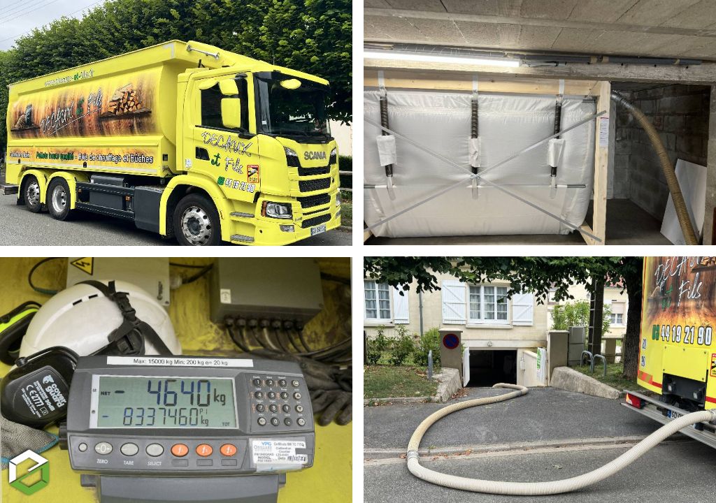remplissage d'un silo Ökofn avec livraison de granulés de bois par camion souffleur